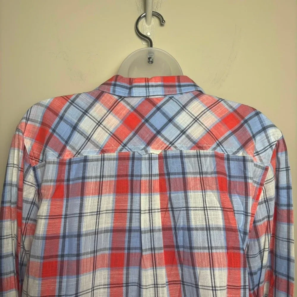 JCrew Blue Red Plaid Gauze Popover Long Sleeve Half Button Shirt Blouse Women XL